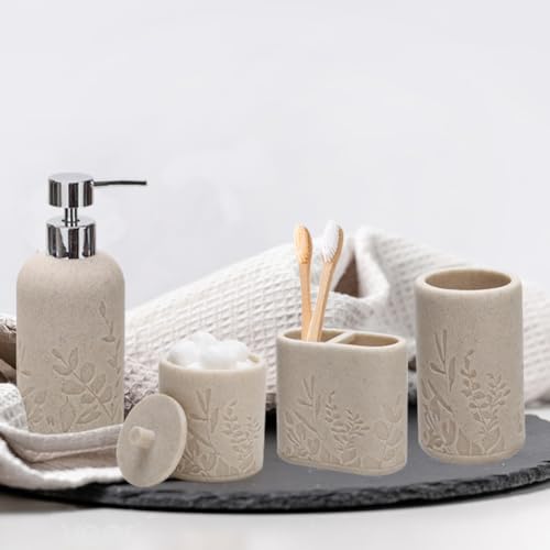Aksipo Beige Bathroom Accessories Set, 4 Pcs Sturdy Resin Bathroom Accessory Set, Hand Soap Dispenser, Toothbrush Holder Set, Tumbler, Qtip Holder Dispenser, Stylish & Modern Bathroom Decor Set - color: Beige 4 Pcs