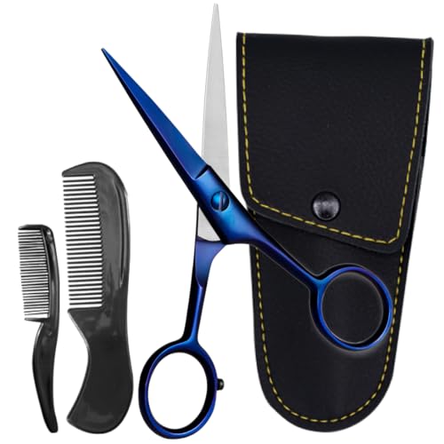 Ontaki Beard & Mustache Scissors for Men - 5inch, Midnight Blue - 410C German Steel Durable, Ergonomic Design Travel Friendly Beard Scissors for Men - Beard Kit 2 Combs & Case Perfect for Styling - color: Midnight Blue