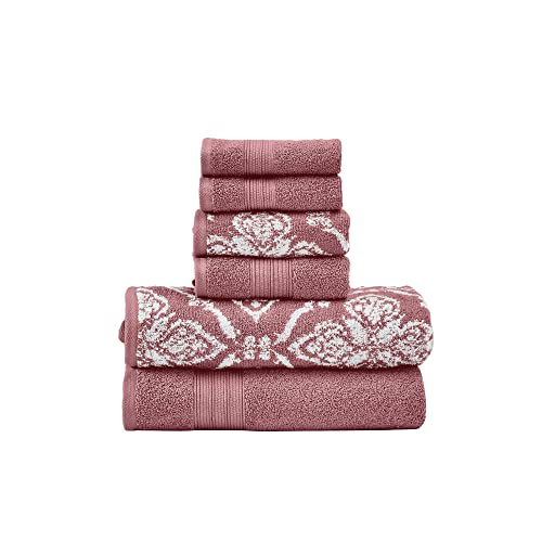 Modern Threads Amaris 6-Piece Reversible Yarn Dyed Jacquard Towel Set - Bath Towels, Hand Towels, & Washcloths - Super Absorbent & Quick Dry - 100% Combed Cotton, Rosewood - color: Rosewood, style: Bohemian