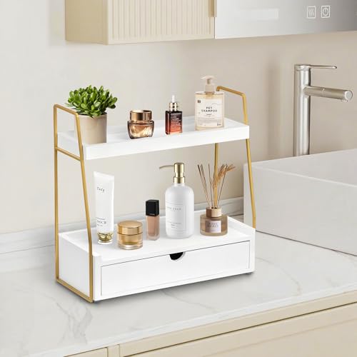 2-Tier Bathroom Organizer Countertop with Drawer, Wood Counter Organizer for Bathroom Decor, Sink Shelf for Vanity Storage, Makeup Tray for Perfume Skincare, Spice Rack Bedroom Kitchen Corner - color: White