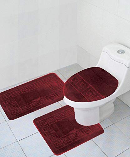 WPM WORLD PRODUCTS MART 3 Piece Bath Rug Set Pattern Bathroom Rug (20"x32")/Large Contour Mat (20"x20") with Lid Cover (Burgundy) - color: Burgundy