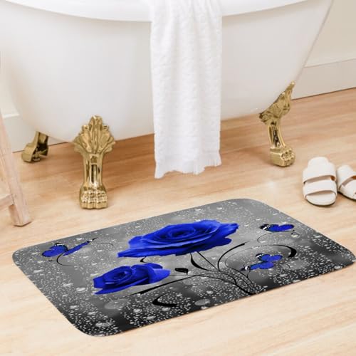 Royal Blue Rose Shower Curtain Set 4Pcs Floral Flower Butterfly Gray Grey Navy Antique Elegant Bathroom Curtains Toilet Lid Cover U Shaped Mat Non-Slip Rug Fabric Polyester 60x72 Inch - color: Royal Blue