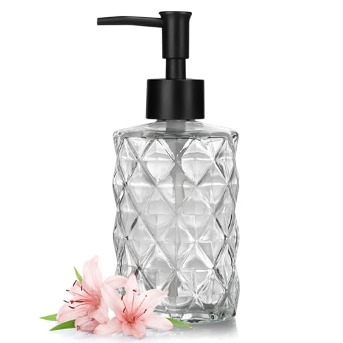1 Pack 11oz Glass Soap Dispenser with Plastic Pump, Diamond Design Refillable Hand Soap Dispenser for Hand Wash, Bathroom and Kitchen - color: Transparent Clear