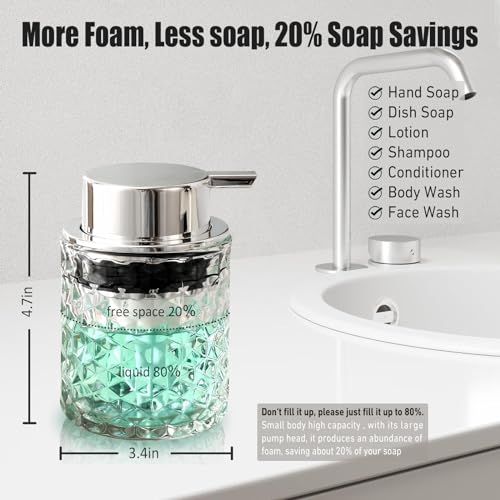 Malachi Foaming Hand Soap Dispenser, Refillable Clear Glass Foam Pump Bottle for Hand Soap, Dish Soap, Body Wash, Shampoo, Facial Cleanser & Baby Wash, Multi‑use for Bathroom, Kitchen & Commercial Use - color: Diamond Transparent
