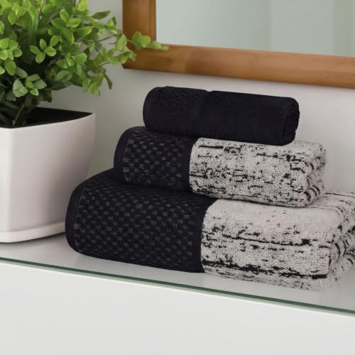 Superior Cotton Bathroom Towel Set Plush Absorbent 3 Piece, Black Ivory JAQ | Soft Quick Dry, Bathroom Essentials, Jacquard Pattern Assorted Towels, 1 Bath, 1 Hand, 1 Face Towel, Lodie Collection - color: Black-ivory, size: 3 Piece Towel Set (Jacquard)