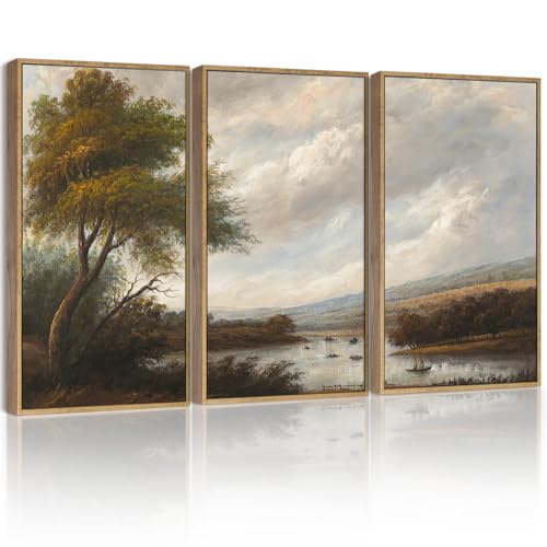 SHENIFY Vintage Landscape Framed Wall Art Riverside Scenery Farmhouse Decor Retro Boat Travel Painting for Hallway Living Room Bedroom Dining Room - 16x24in3pcs Natural Framed - color: Natural, size: 24L" x 16W" x 3PCS