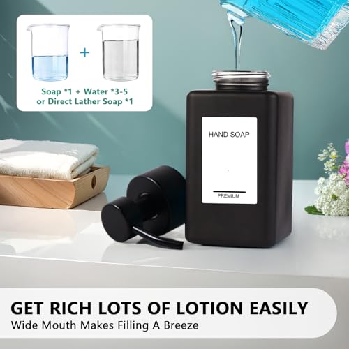 Black Foaming Hand Soap Dispenser 2 Pack,12oz/350ml Glass Foaming Soap Dispenser Set with Stainless Steel Pump, Square Refillable Foam Pump Bottles for Bathroom&Kitchen,Includes 6 Labels - color: Black