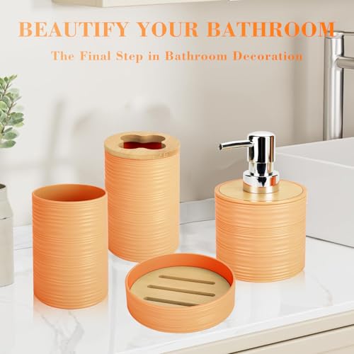 4 PCS Yellow Bathroom Accessories Set, Includes a Soap Dispenser, Toothbrush Holder, Soap Dish and Mouthwash Cup, Plastics & Bamboo Bathroom Set, Bohemian Style Bathroom Sink Set - color: Yellow, size: 4 PCS