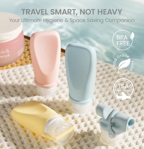 Travel Bottles for Toiletries, TSA Approved 2oz Container, High-Effeiciency Leak-Proof Ultrasonic Technology, Silicone Refillable Squeezable Travel Accessories for Shampoo Conditioner Lotion (3 Pcs) - color: Pink, Green, Gray