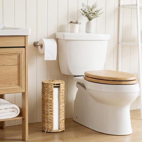 GRANNY SAYS Free Standing Toilet Paper Holder Stand with Storage, Water Hyacinth Wicker Toilet Paper Storage with Lid, Holds 3 Rolls, Tissue Holder for Bathroom with Built-in Cloth Lining - color: Natural（water Hyacinth）, size: 6¾"D(For 3 Roll)