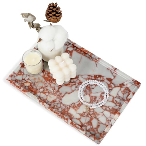 100% Natural Marble Vanity Tray - Real Stone Storage Organizer for Bathroom/Kitchen/Vanity/Dresser, Countertop Tray for Perfume, Jewelry, Home Decor, 11.8 x 7.8 x 0.7 Inch - color: Calacatta Red