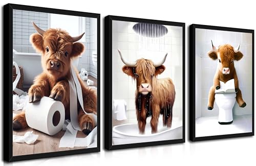 Highland Cow Bathroom Decor Set of 3, Funny Brown Cute Highland Cow Wall Art Paintings, Vintage Rustic Farmhouse Canvas Pictures Posters Prints for Bathroom, Restroom Black Wood Framed 16x24 Inch - color: Yellow Cow Black Frame, size: 24L" x 16W"