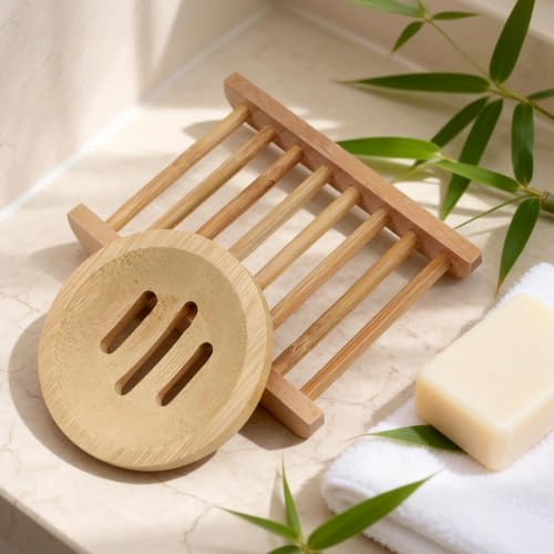 Bar Soap Holder for Shower 2Pcs, Round and Square Bamboo Soap Dish Saver Tray, Self Draining Countertop Soap Tray, Water Resistant Natural Wood Soap Saver Container for Bathroom Kitchen
