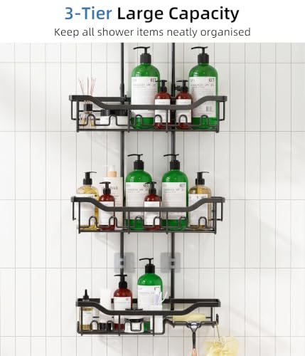 Adjustable Shower Caddy Hanging, Extended Length Organizer Over Shower Head, 3 Tier Long Neck Shower Rack with Soap Holder for Large Storage, Black - color: Black - 3 Tier - Standard