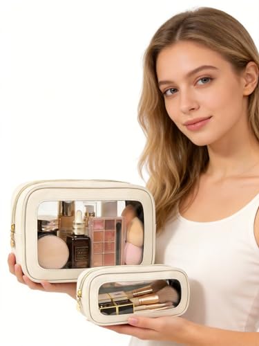 2Pcs Clear Makeup Bags Set, Clear Travel Makeup Brush Holder Leather Makeup Case Toiletry Bag with Zipper Portable Cosmetic Pouch Waterproof Makeup Brush Storage Bag Car Bag for Essentials - color: 2Pcs White
