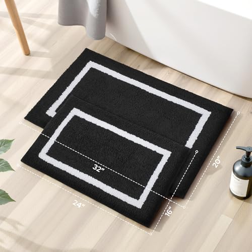 HOMEIDEAS Bathroom Rugs Sets 2 Piece, Super Soft and Absorbent Microfiber Tufted Bath Mats, Non-Slip and Machine Washable Bath Rugs(Black and White) - color: Black