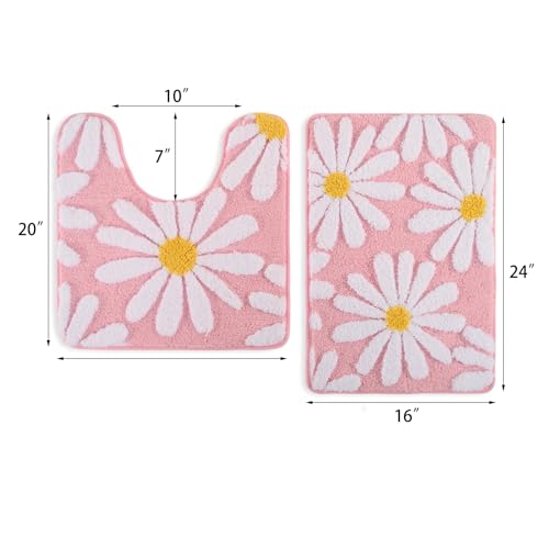 QJHOMO Bathroom Rugs Sets 2 Piece Cute Daisy Bath Mat Pink Toilet Rug U Shaped, Flower Deocr Bathroom Set Non Slip Contour Bathmat, Super Absorbent Microfber Floor Mats Machine Washable Carpets - color: Pink, size: 1'8" x 2' (Rectangular & U-Shape)