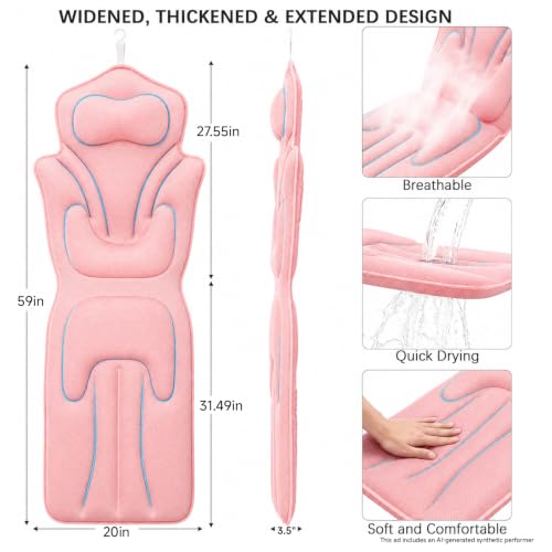 Full Body Bath Pillow for Bathtub Thickened 5D Air Mesh 144 Suction Cups | Bath Pillow Luxury Bathtub Pillow 3.7'' Thick Head, Neck and Back Support Bath Tub Pillow Extra-Large 59 x 20 Inch Size - color: Pink, size: Large