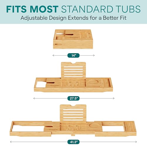 SereneLife 2 in 1 Bed and Bath Tray - Foldable Bamboo Bathtub Caddy with Adjustable Length, Non-Slip, Device Holder, Wine Glass Slot, Expandable for Comfortable Bathing, Natural, Folding Set