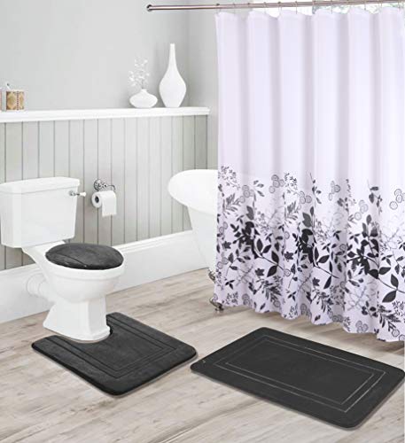 Kids Zone Home Linen Bathroom Collection Black 16pc Bathroom Accessory Set - Non-Slip Bath Mat, Non-Slip Contour Mat, Toilet Lid Cover and Waterproof Shower Curtain with Rustproof Metal Roller Hooks - color: Black