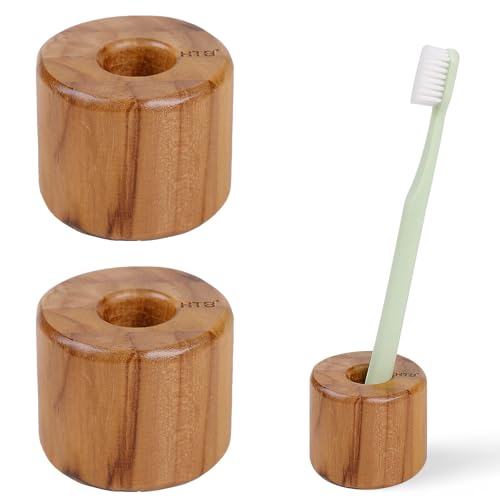 HTB Toothbrush Holder for Bathroom 2 Pack Teak Wood | Toothbrush Stand Organizer Base Station Hollow Drainage Design,Small Countertop Organizer for pens,Makeup Brushes,Space Saver - color: Cylinder