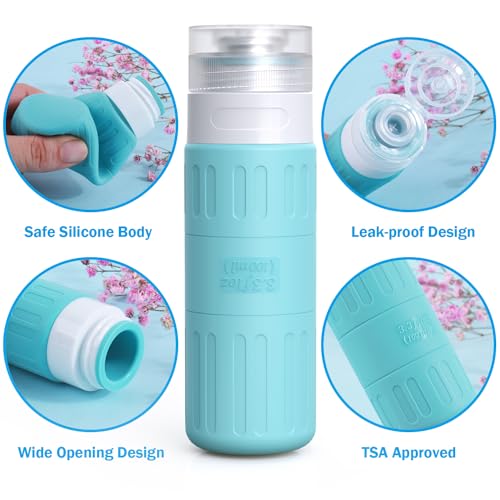 GLAMFIELDS Travel Bottles for Toiletries,TSA Approved 3.3oz Size LeakProof Silicone Toiletry Containers for Shampoo, Conditioner,Easy to Squeeze，Portable Travel Essentials for Lotion(18 Pack) Blue - color: Blue