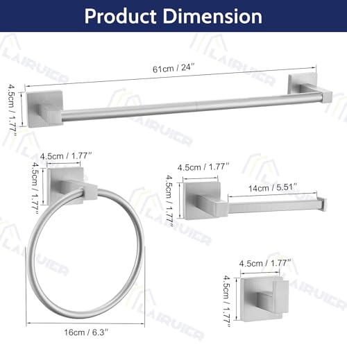 Lairuier 5-Piece Brushed Nickel Bathroom Hardware Set, Bathroom Accessories Set with Towel Bar, Toilet Paper Holder and 2 Towel Hooks SUS304 Stainless Steel Towel Bar Set Wall Mounted - color: Brushed, size: Set A