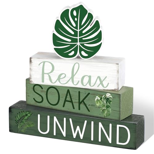 Cinnvoice 4 Pcs Tropical Palm Leaves Bathroom Decor Farmhouse Bathroom Decoration Relax Soak Unwind Table Centerpiece Gift for Christmas Valentines Back to School - style: Tropical Relax Soak Unwind