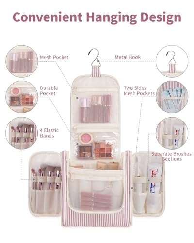 Narwey Striped Hanging Travel Toiletry Bag for Women, Travel Bag for Toiletries, Makeup Bag Organizer Cosmetic Bags Make Up Bags for Women (Dusty Rose Stripe) - color: CA-Dusty Rose Stripe, size: Large
