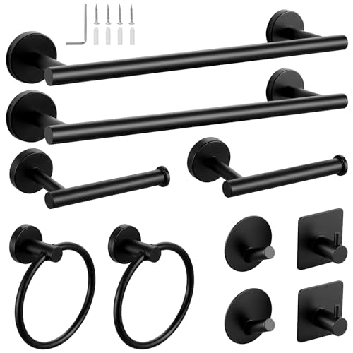 10-Pieces Matte Black Bathroom Accessories Set, 16 Inch Bath Towel Bar Set, SUS 304 Stainless Steel Hardware Set, Towel Racks, Hand Towel Holder, Black Shower Sets for Bathroom Decor Wall Mounted - color: Black, size: 16 Inch 10 pcs