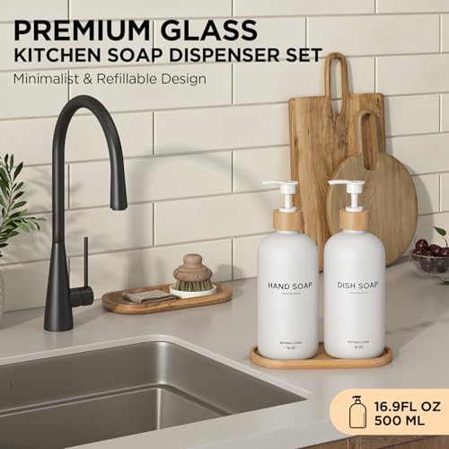 Hand and Dish Soap Dispenser Set,16oz Glass Bottles with Bamboo Pumps & Tray,Countertop Soap Dispensers for Kitchen,Luxury, Minimalist & Farmhouse Decor - color: Hand Dish (White)