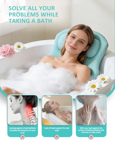 Full Body Bath Pillow for Bathtub, 5D Thick Tub Pillow for Bathtub with 192 Non-Slip Suction Cups, Laundry Bag & Hook, Bathtub Pillow for Head, Neck & Back Support (Green, 51"*15") - color: Green