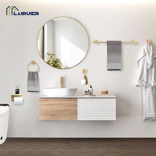 5 Pieces Brushed Gold Bathroom Hardware Set, SUS304 Stainless Steel Bathroom Accessories Set 23.6 inches Towel Bar, Toilet Paper Holder with Shelf, Towel Ring and Two Towel Hooks Wall-Mounted - color: Brushed Gold, size: 5 Pieces - With Shelf