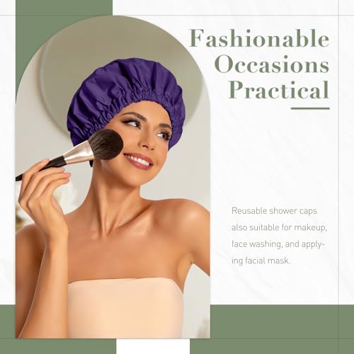 Edoneery Reusable Shower Caps for Women, Waterproof Long Hair Bonnet | Washable Design, Wide Elastic Band, Large Fit, Holds Long Hair, Braids Friendly, Bath Accessories, Spa, Travel - color: Dark Purple