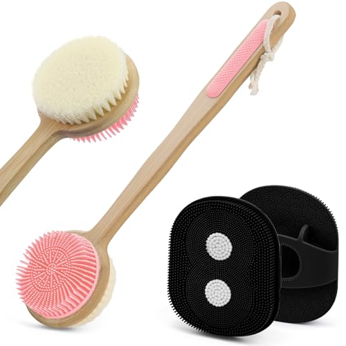 Back Scrubber for Shower + Body Scrubber 2 Pack, Dual Sided Silicone & Nylon Bristles Lather Well Exfoliating Anti-Slip Wood Long Handle Back Scrubber Body Exfoliator for Wet/Dry Bath Brush Pk+Bl - color: Pink & Black