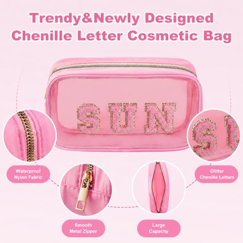 Clear Sunscreen Pink Makeup Bag with SUN Chenille Letter - Beach SPF Cosmetic Organizer, PVC Waterproof Toiletry Pouch for Women, Pool, Travel, Swimming - style: Pink-sun
