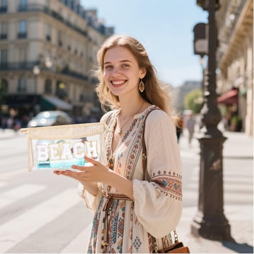 Boho Patch Cosmetic Bag with Zipper, Chenille Varsity Letter Makeup Bag, Clear Travel Pouch, Multi-purpose Small Toiletry Bag for Women Girls (Beach) - style: Beach