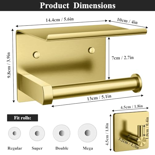 Tindbea Toilet Paper Holder Wall Mount + Towel Robe Hooks, Adhesive or Screw Wall Mounted Toilet Paper Roll Holder with Shelf, Stainless Steel Bathroom Organizers and Storage Kit (Brushed Gold) - color: Brushed Gold, size: Regular