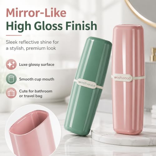 HyJeryty Simple Pink Toothbrush Travel Case, Portable Travel Toothbrush & Toothpaste Holder Cover Organizer Container with Mouthwash Cup for School, Camping, Business Trip, Bathroom Storage - color: Pink