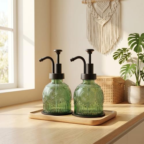 Vintage Glass Soap Dispenser 2 Pack for Bathroom Kitchen, with Black Pump and Non-Slip Mat, Refillable for Hand Soap, Dish Soap, Lotion, Shower Gel, Modern Farmhouse Decor (8 oz, Green) - color: Green