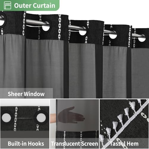 eachope Boho Farmhouse No Hook Shower Curtain Set with Snap-in Fabric Liner,Heavy-Duty Linen Textured Rustic Striped Design,Water-Repellent with Tassels and Sheer Window,Black,71x74 - color: Black, size: 71"W x 74"L (Pack of 1)
