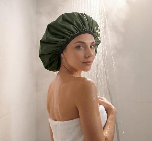 Extra Large Shower Cap for Women, Reusable Waterproof Shower Bonnet with Satin Lining, Double Layer Washable Bath Hair Cap for Braids, Locs, Long Thick Curly Hair, Natural Hair(Big Green) - color: Green