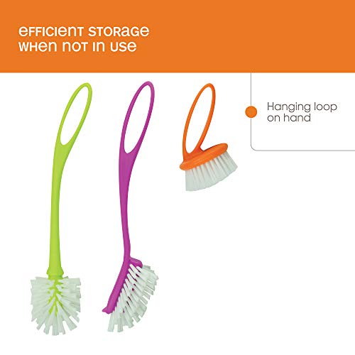 Casabella Loop 3-Piece Dish Brush Set - 15519AZ(Colors May Vary), Red Yellow Purple