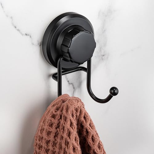 HASKO Suction Cup Hook for Shower, Stainless Steel Bathroom Suction Towel Hooks Hanger, Organizer for Towel, Bathrobe and Loofah, Includes Optional No Drill Adhesive Mount for Inside Shower, Black - color: Black (1 Pack)