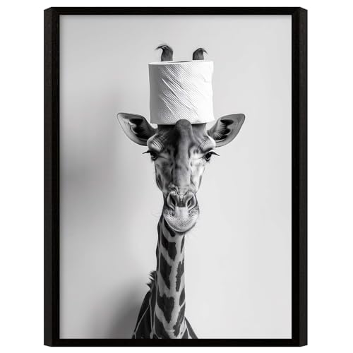 Framed Funny Giraffe Canvas Modern Wall Art Black and White Animal Poster Print Toilet Paper Hat Picture Gallery Wall Decor Bedroom Apartment 16X24 Inch Ready to Hang - color: Black and White Giraffe, size: 16L" x 24W"