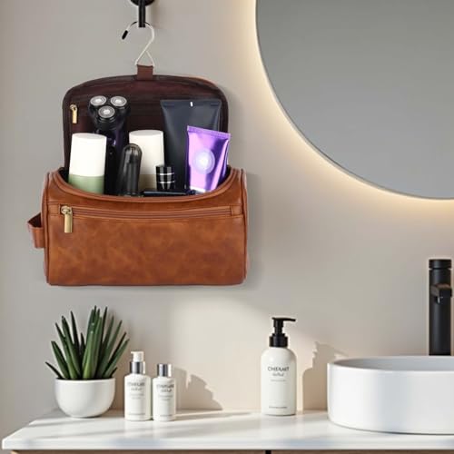 OXYEFEI Personalized Toiletry Bag for Men,Personalized Gifts for Men,Engraved Initial PU Leather Mens Toiletry Travel Shaving Travel Essentials Toiletries Bag for Him Birthday (H, Light Brown) - color: Light Brown, style: H