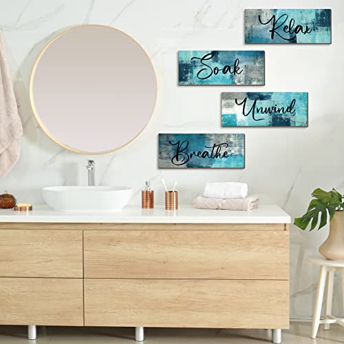 Maitys 4 Pcs Bathroom Wall Decor 10 x 4 Inch Bathroom Wall Art Contemporary Wood Restroom Pictures for Soak Unwind Relax Hanging Sign Spa Rustic Vintage Farmhouse Pediments(Turquoise and Grey) - color: Turquoise and Grey