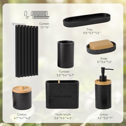 20PC Black Modern Bathroom Accessories Set with Shower Curtain, Toothbrush Holders, Soap Dispenser, Vanity Tray, Cotton Swab Jars, Bathroom Decor Organizer - color: Black+shower Curtain