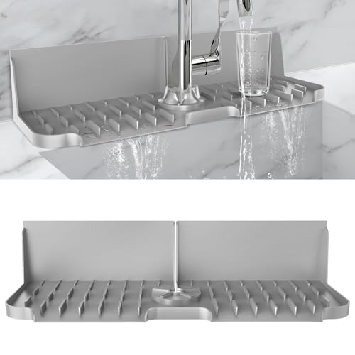 17” x 5.5” Silicone Faucet Handle Drip Catcher Tray Mat, Silicone Faucet Mat Dish Soap Sponge Holder for Kitchen Sink, Drying Mat for Kitchen Counter Bathroom Kitchen Sink Splash Guard - Grey - size: 17” Grey