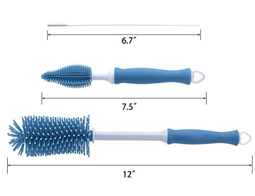 Silicone Cleaning Brush, 12" Long Handle Water Bottle Cleaner | Soft Silicone Bristles | For Water Bottles, Baby Bottles, Sports Bottles, Vases and Glassware - color: Blue